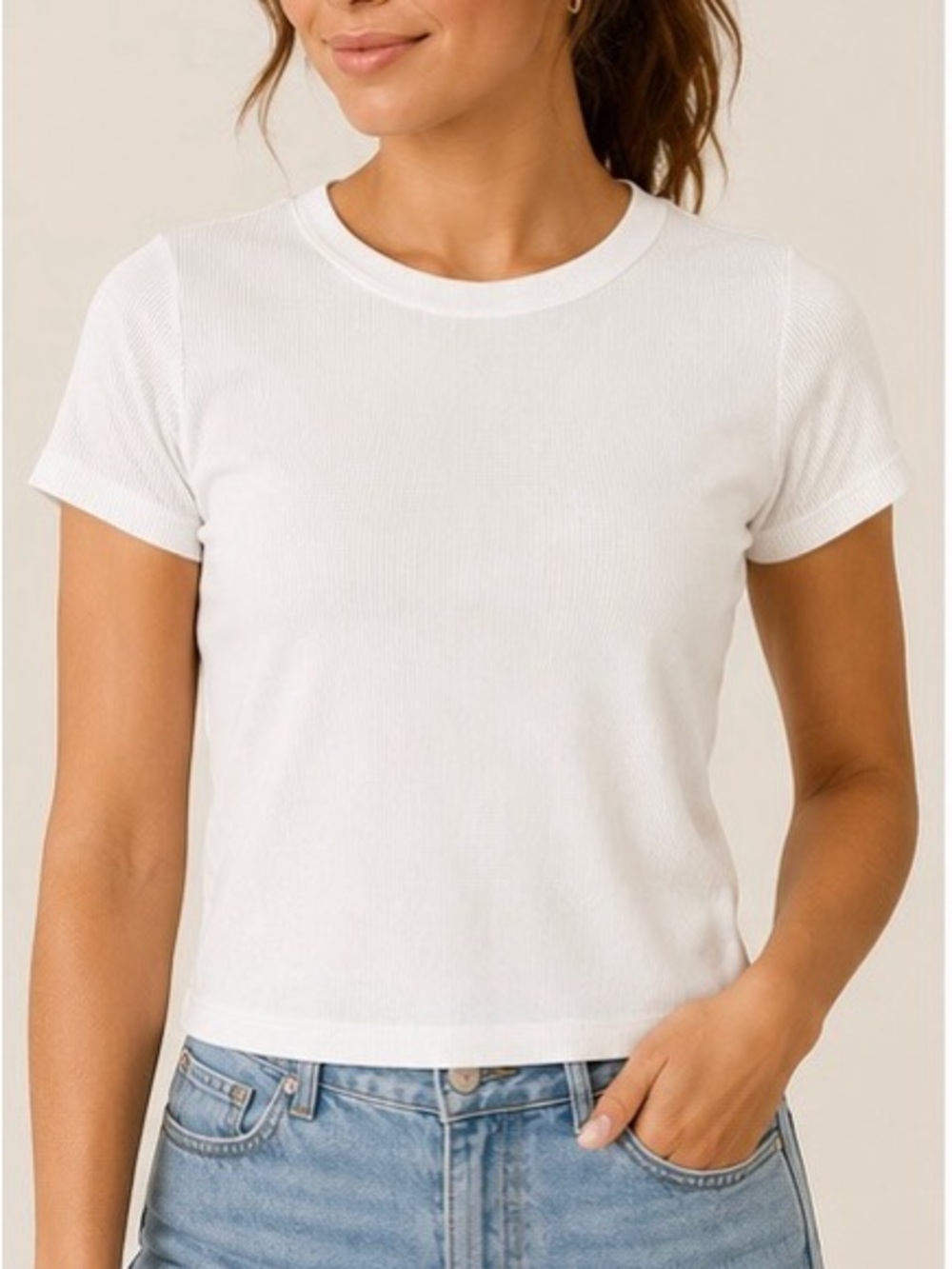 TNA Women's White Ribbed Short Sleeve Crew Tee